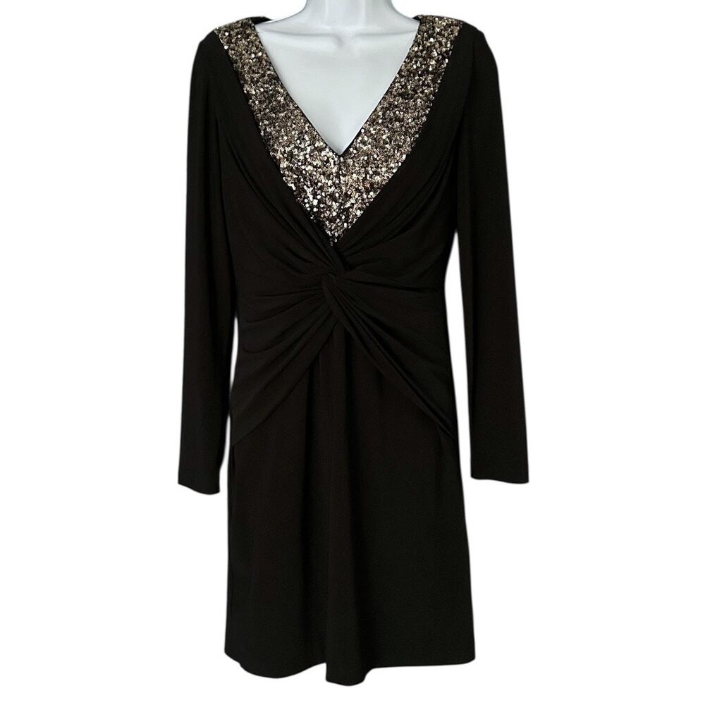 Mark + James by Badgley Mischka Sequin Trim Mini Dress Womens M Black Knot Front